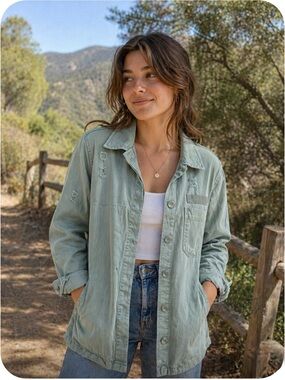 Treasure & Bond Distressed Green Button Military Utility Jacket Size Small
